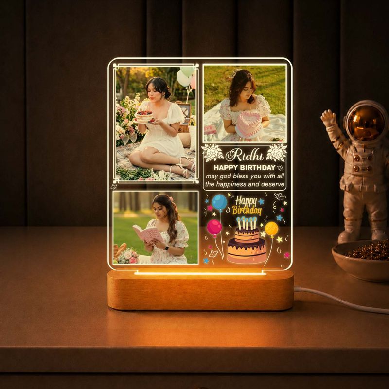 Personalized Photo Night Light with Wooden Base – Custom 3-Photo Acrylic LED Lamp with Name Birthday Gift for Her, Wife, Girlfriend, Daughter, Best Friend